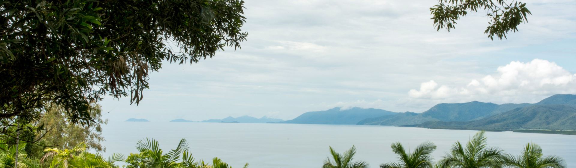 Vanuit een regenwoud zicht op de kustlijn van Port Douglas in Australië. Bergen in de verte en een grijze lucht.